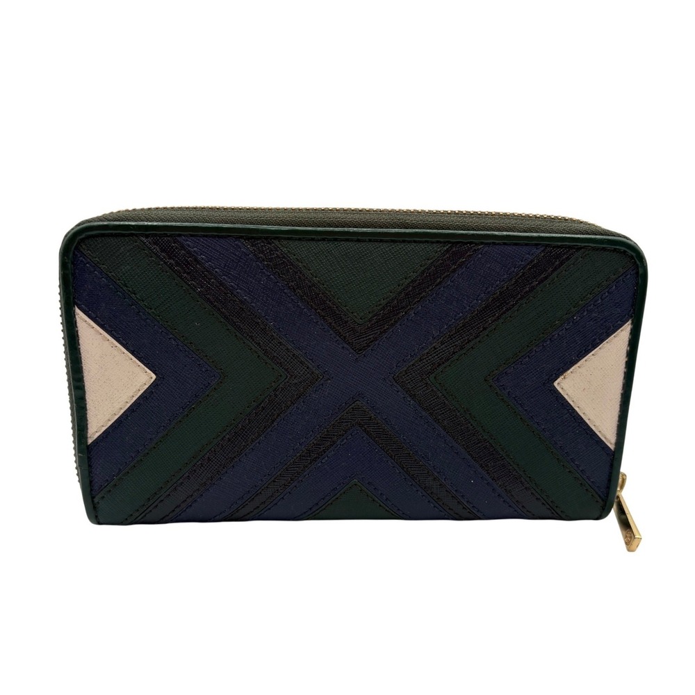 Tory Burch Wallet Womens OS Green Excellent Chevron Zip Around Saffiano Leather - Picture 4 of 6